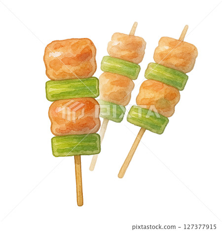 Watercolor hand-drawn illustration | Yakitori with three skewers of Negima 127377915