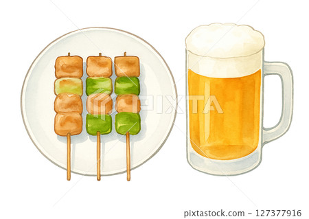 Watercolor hand-drawn illustration | Combination of three skewered skewered green onions and a beer mug Watercolor hand-drawn illustration | Combination of three skewered skewered green onions and a beer mug 127377916