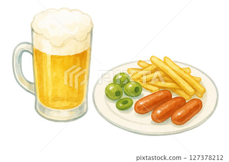 Watercolor hand-drawn illustration | Beer mug and snack plate (fries, sausages, olives) 127378212