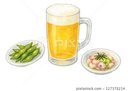 水彩手繪插圖 | 啤酒杯和毛豆和章魚和芥末小吃套裝 127378214