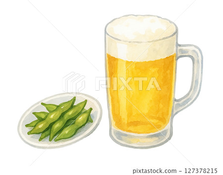 Watercolor hand-drawn illustration | Beer mug and edamame snacks 127378215
