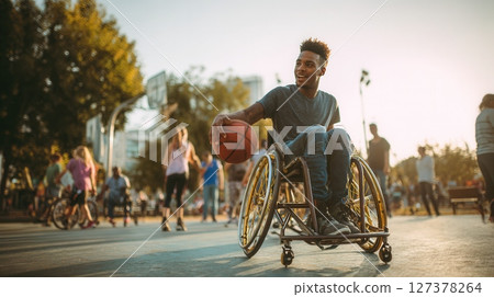 Young basketball player dribbling in wheelchair on outdoor court 127378264