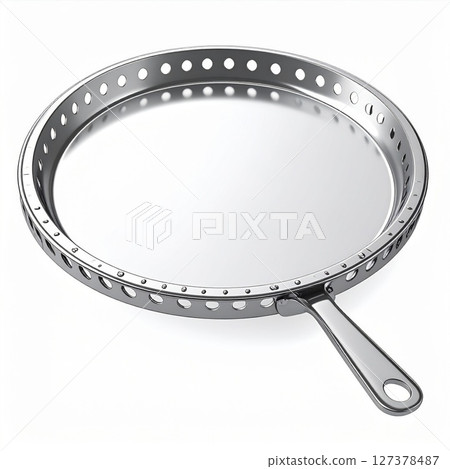 Round Perforated Metal Cooking Pan with Handle 127378487