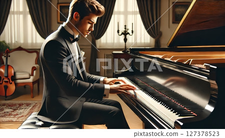 一名男子在西式建築中彈奏鋼琴 一名男子在西式建築中彈奏鋼琴 127378523
