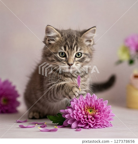 Kitten counting pink chrysanthemum petals Kitten counting pink chrysanthemum petals 127378656