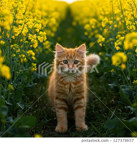 Kitten in a yellow rapeseed flower field 127378657