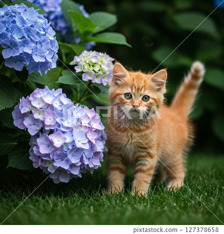 Blue hydrangea and kitten 127378658