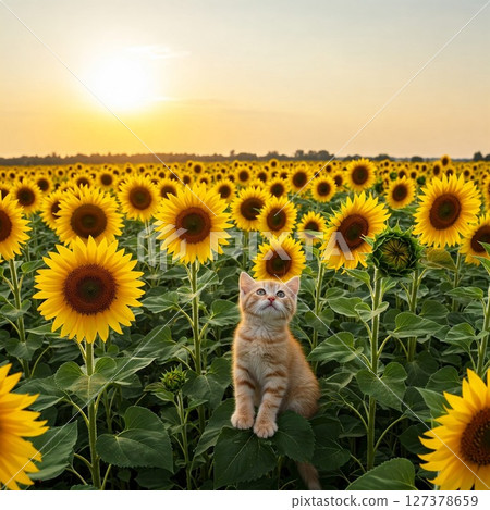 A kitten in a field of large sunflowers 127378659