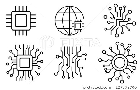 一組 6 個抽象的黑白圖標，象徵技術和數位電路 127378700