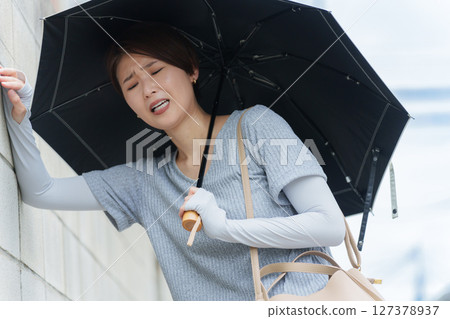 A woman staggering with heat stroke A woman staggering with heat stroke 127378937