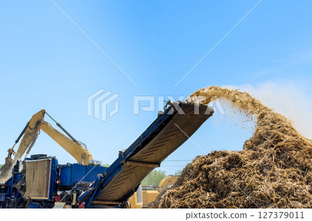 Large equipment converts organic waste into mulch at busy construction site on land clearing for construction 127379011