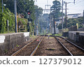 Railroad tracks seen from railroad crossings 127379012