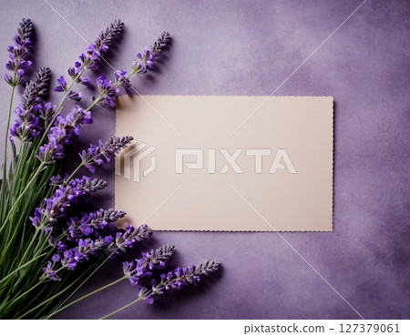Vibrant lavender stems with delicate purple flowers are arranged beside a blank notecard, set against a soothing purple surface, inviting creativity and tranquility Generative AI 127379061