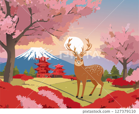 Scenery with cherry trees and deer (image of deer in Nara Park) 127379110