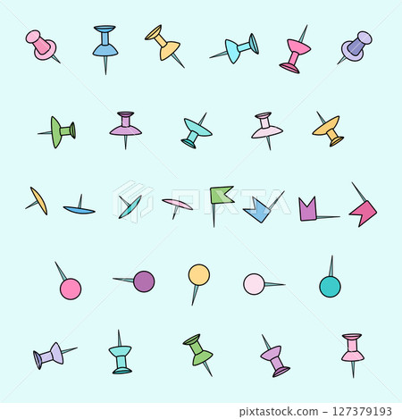 Cartoon illustration school or office stationery of colorful push pins set and map tacks in various shapes on blue background. For back to school supplies concept, education visual, educational theme. Cartoon illustration school or office stationery of colorful push pins set and map tacks in various shapes on blue background. For back to school supplies concept, education visual, educational theme. 127379193