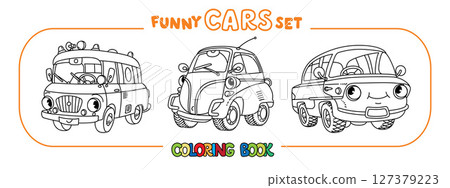 Funny vintage buses with eyes. Coloring book set Funny vintage buses with eyes. Coloring book set 127379223