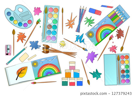 Art supplies collection with watercolor paints, palette, brushes, pencils, sketchbook and abstract paint splashes on white background. Artistic elements set for back to school theme creativity design. 127379243