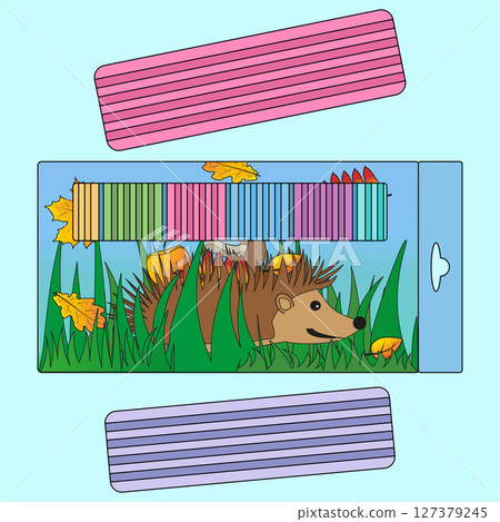 Flat cartoon vector illustration of colorful modeling clay set in autumn theme box with hedgehog and leaves. School art supplies for kids creativity. For back to school educational stationery concept. 127379245
