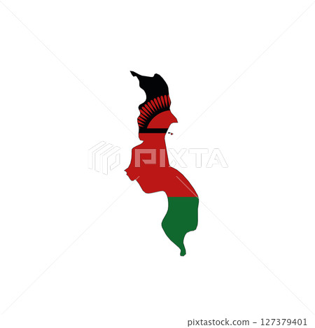 Malawi - national flag in a shape of country map silhouette with thin black outline. Simple flat vector icon. Malawi - national flag in a shape of country map silhouette with thin black outline. Simple flat vector icon. 127379401