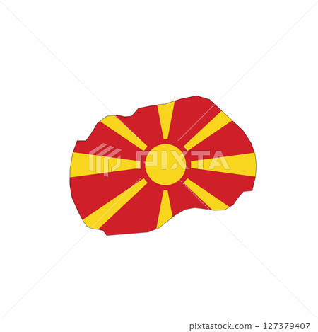 Northern Macedonia - national flag in a shape of country map silhouette with thin black outline. Simple flat vector icon. Northern Macedonia - national flag in a shape of country map silhouette with thin black outline. Simple flat vector icon. 127379407