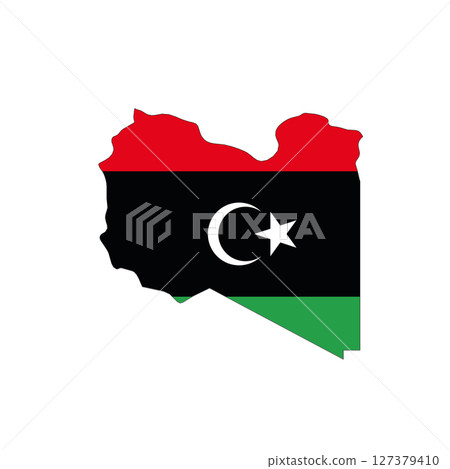 Libya - national flag in a shape of country map silhouette with thin black outline. Simple flat vector icon. Libya - national flag in a shape of country map silhouette with thin black outline. Simple flat vector icon. 127379410