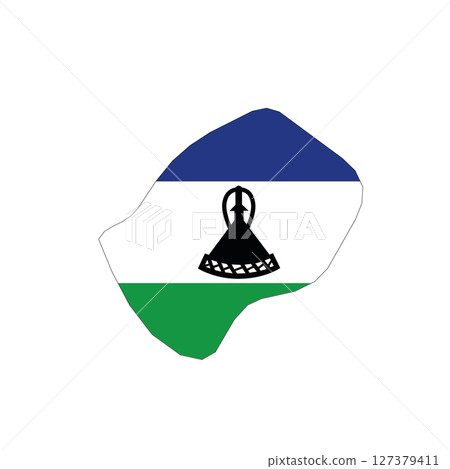 Lesotho - national flag in a shape of country map silhouette with thin black outline. Simple flat vector icon. 127379411