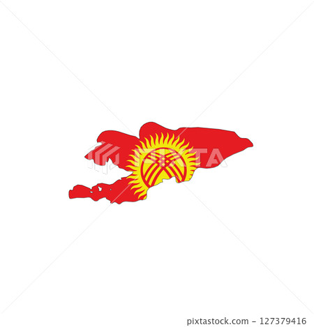 Kyrgyzstan - national flag in a shape of country map silhouette with thin black outline. Simple flat vector icon. 127379416