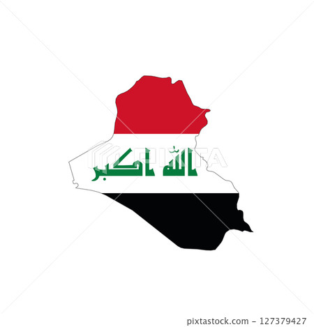 Iraq - national flag in a shape of country map silhouette with thin black outline. Simple flat vector icon. 127379427