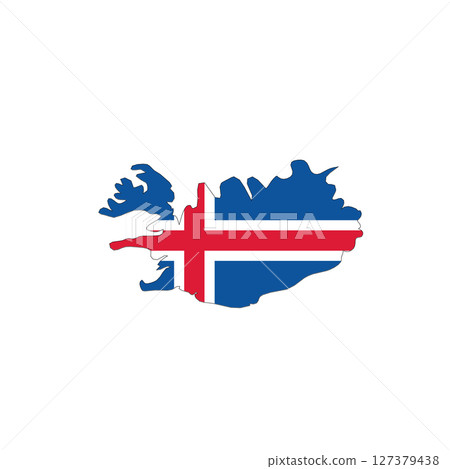 Iceland - national flag in a shape of country map silhouette with thin black outline. Simple flat vector icon. 127379438