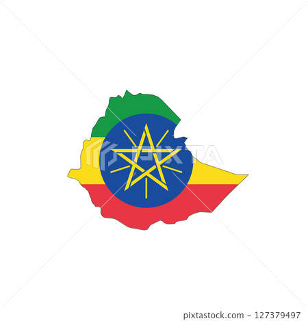 Ethiopia - national flag in a shape of country map silhouette with thin black outline. Simple flat vector icon. 127379497