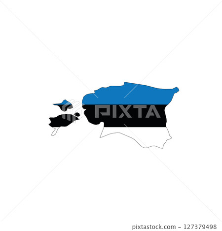 Estonia - national flag in a shape of country map silhouette with thin black outline. Simple flat vector icon. 127379498