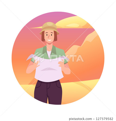 Archaeologist, paleontologist woman wear hat holding map, desert landscape with sand dunes vector flat illustration 127379582