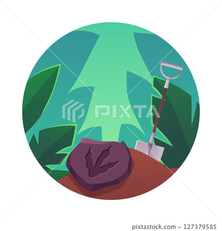 Rune with dinosaur footprint old trace, tropical forest and shovel for archeology digging vector flat in round frame Rune with dinosaur footprint old trace, tropical forest and shovel for archeology digging vector flat in round frame 127379585