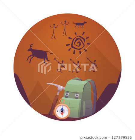 Backpack, pick tool and compass gear against the background of ancient rock paintings vector flat in round frame 127379586