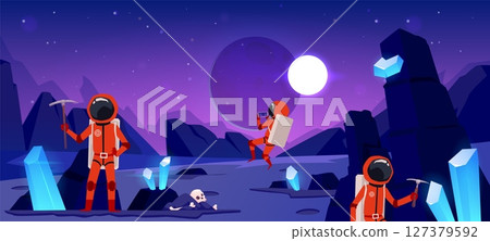 Space planet exploration, expedition research cosmic alien landscape, vector desert surface with rocks and crystals 127379592