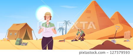 Archeology excavation, vector flat archeologists at work in desert near ancient Egypt civilization, tent and equipment 127379593