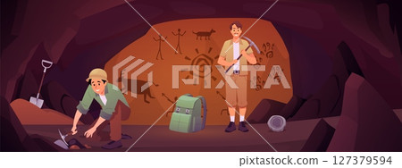 Archeology digging work in cave with rock paintings, archaeologists excavation with pick tool vector flat illustration 127379594