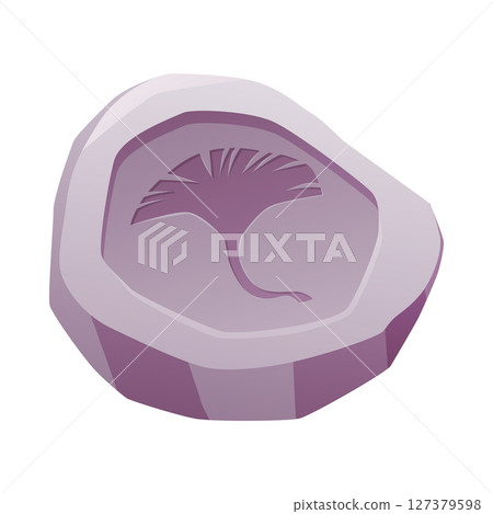 Rune, ancient stone with tropical leaf old trace vector flat icon, archeologic fossil dig rock with engrave plant symbol 127379598