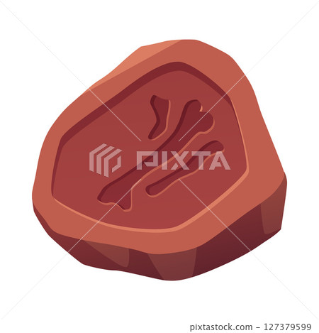 Rune rock with bone old trace vector icon, archeologic fossil dig, ancient rune stone or clay, Paleontology 127379599