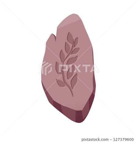 Rune with leaf old trace vector flat icon, archeologic fossil dig, ancient rune stone, rock with engraved plant symbol 127379600