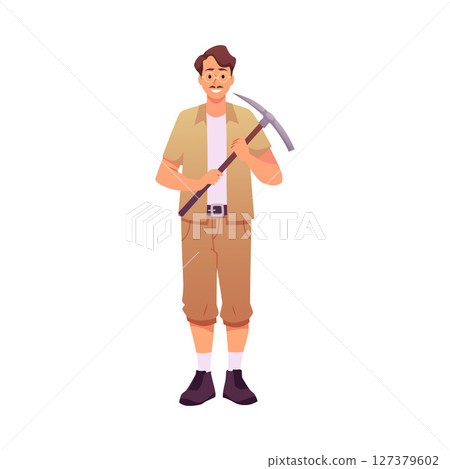 Archaeologist man holding pick tool, vector young male character in glasses historic explorer, archeology digging work Archaeologist man holding pick tool, vector young male character in glasses historic explorer, archeology digging work 127379602