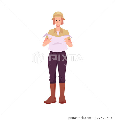 Archaeologist woman wear brown suit and hat holding map, vector young female character historic explorer, paleontologist Archaeologist woman wear brown suit and hat holding map, vector young female character historic explorer, paleontologist 127379603