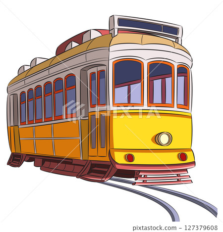 Yellow old tram in Lisbon isolated on white background 127379608