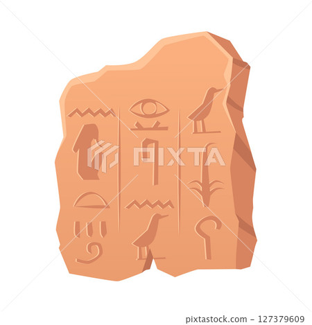 Runes with sacred script vector flat icon, archeologic fossil dig, ancient rune stone, rock with prehistoric symbols 127379609