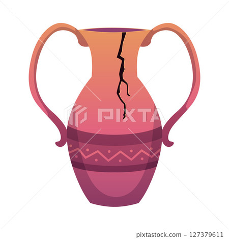 Ancient Greece cracked amphora with traditional ornament flat vector, broken old pottery clay jug or vase with handles 127379611