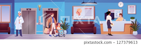 Hospital corridor with elevator, patients, doctor, reception, medical posters and modern furniture. 127379613