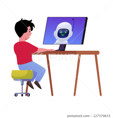 Boy sitting at desk using computer, communicating with chatbot on screen. 127379633