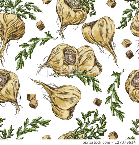 Maca root in brown peel with leaves sketch, seamless pattern vector design, hand drawn Maca Peruvian tuber superfood 127379634