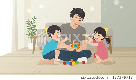 燦爛的笑容！一位慈祥的父親在休息日帶孩子在公園玩耍。 127379718