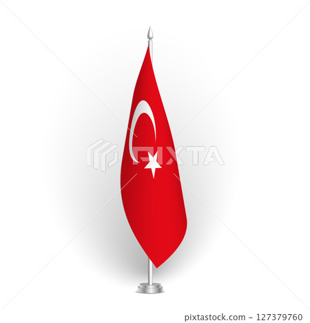 Turkey flag - 3D standard conference flag hanging on ground flagpole. Usable for summit, indoor meeting, board room, government office, press room or reception. Vector flag with shading 127379760
